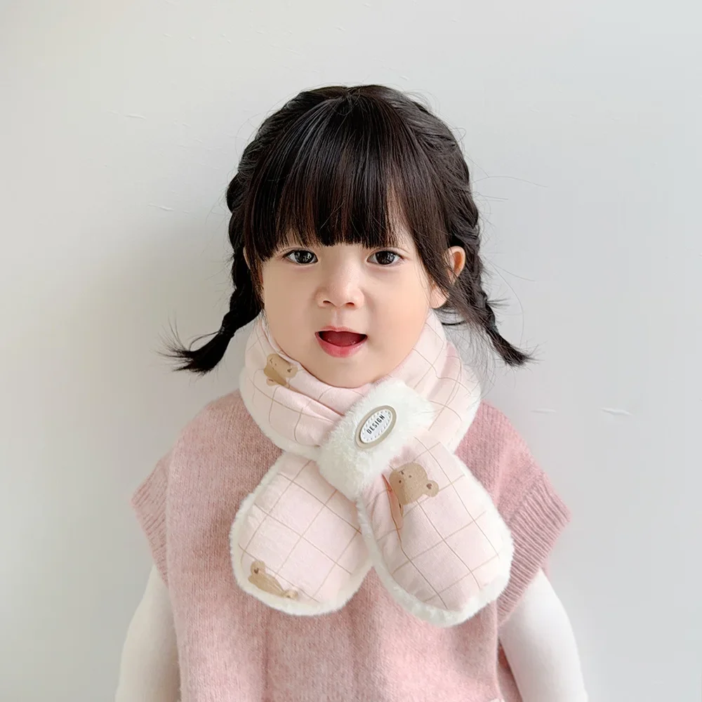 Korean Cute Bear Baby Winter Scarfs for Girls Boys Children's Neck Cross Fleece Warm Kids Scarves Baby Accessories