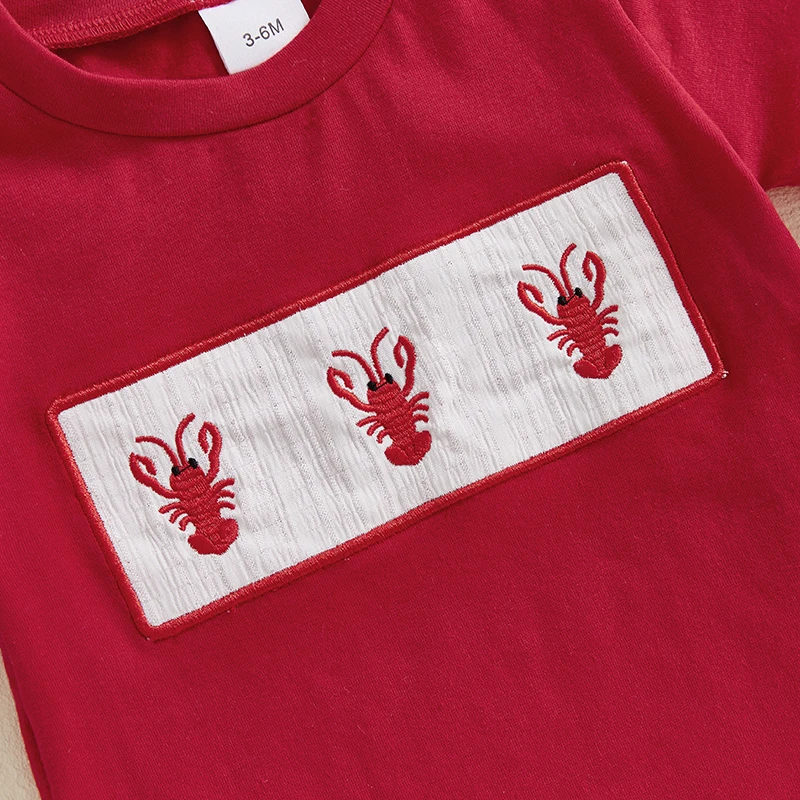 Fashion Toddler Boy Summer Clothes Baby Boys Lobster Embroidery Round Neck Short Sleeve Tops with Stripe Shorts Outfit baby boy outfits baby outfits children tracksuit boys shorts set