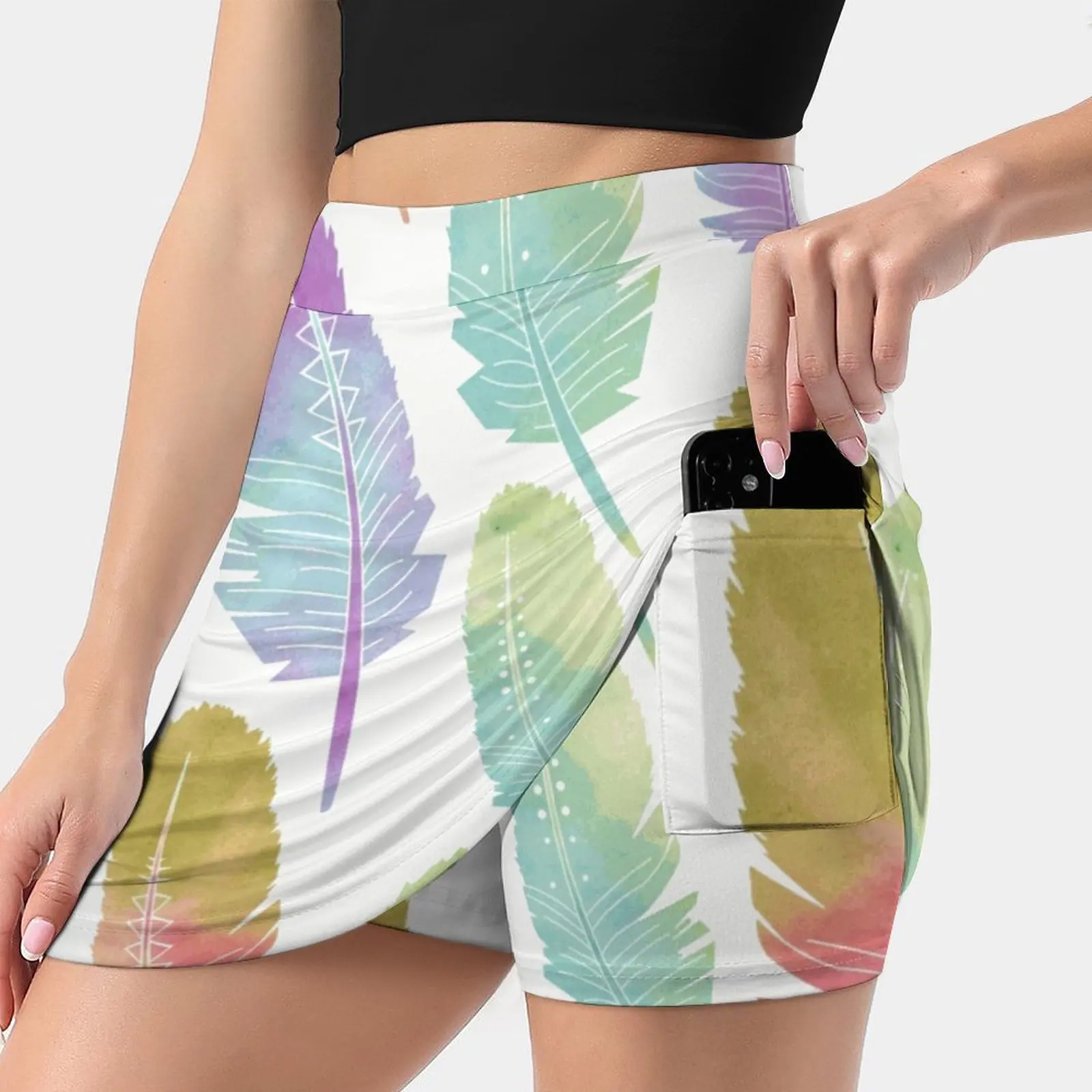 

Boho Feather Pattern Watercolor Rainbow Women's skirt Aesthetic skirts New Fashion Short Skirts Boho Bohemian Feather