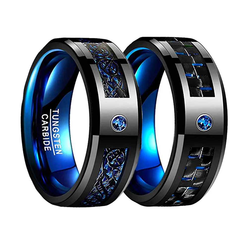 Wedding Rings Men 8mm Stainless Steel Celtic Dragon Ring Inlay Blue Zircon Stone Blue Carbon Fibre