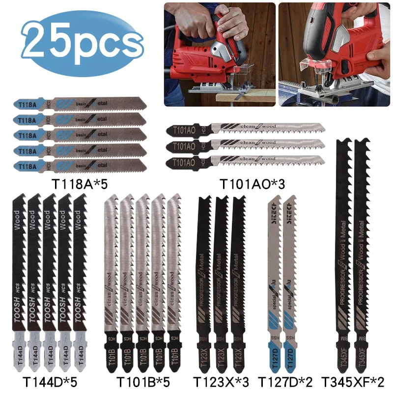 

25Pcs Jig Saw Blades Set HCS Assorted Saw Blades with T-shank Sharp Fast Cut Down Jigsaw Blades Woodworking Blades Hand Tool