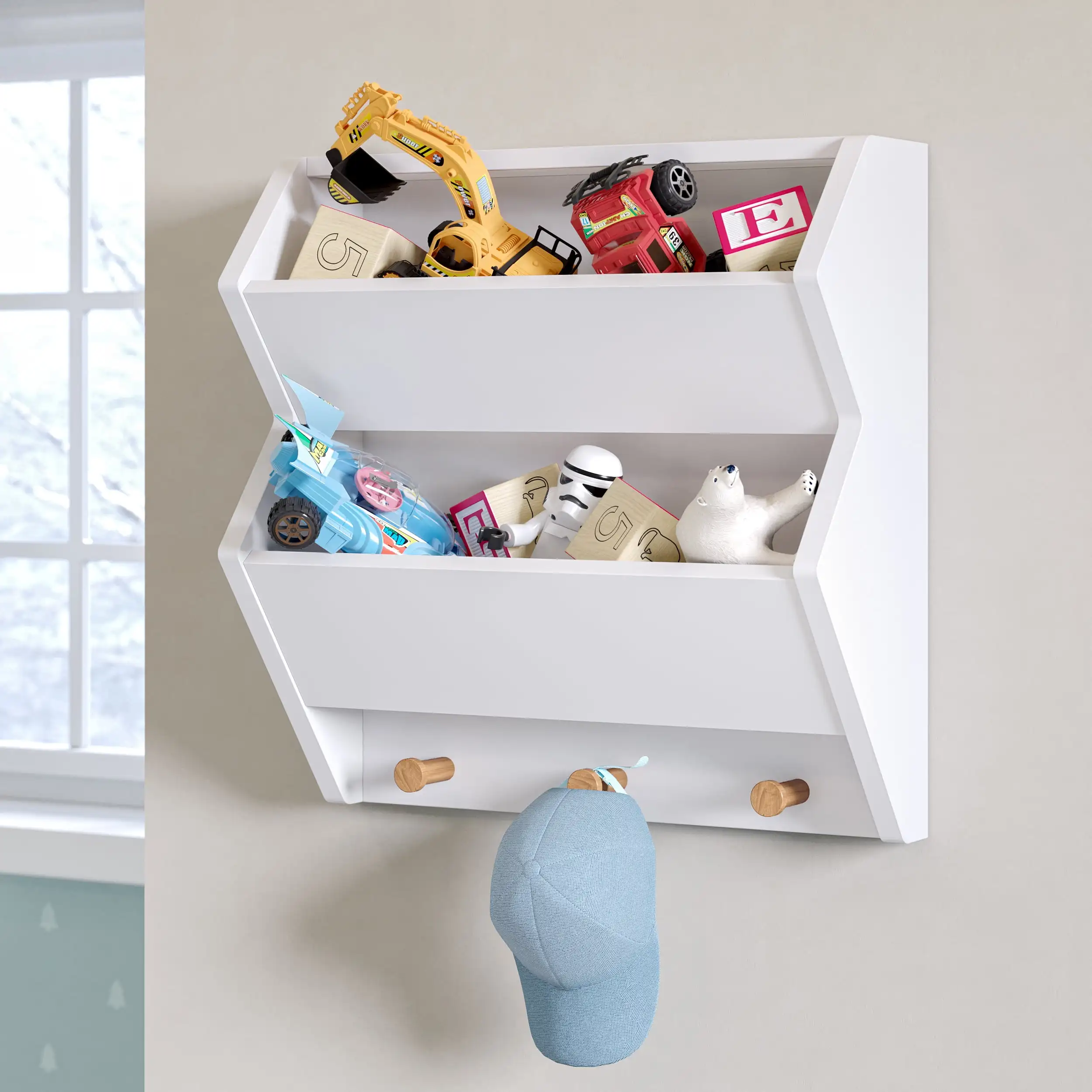 

RiverRidge Catch-All Transitional Wood Kids Wall Shelf with Hooks in White