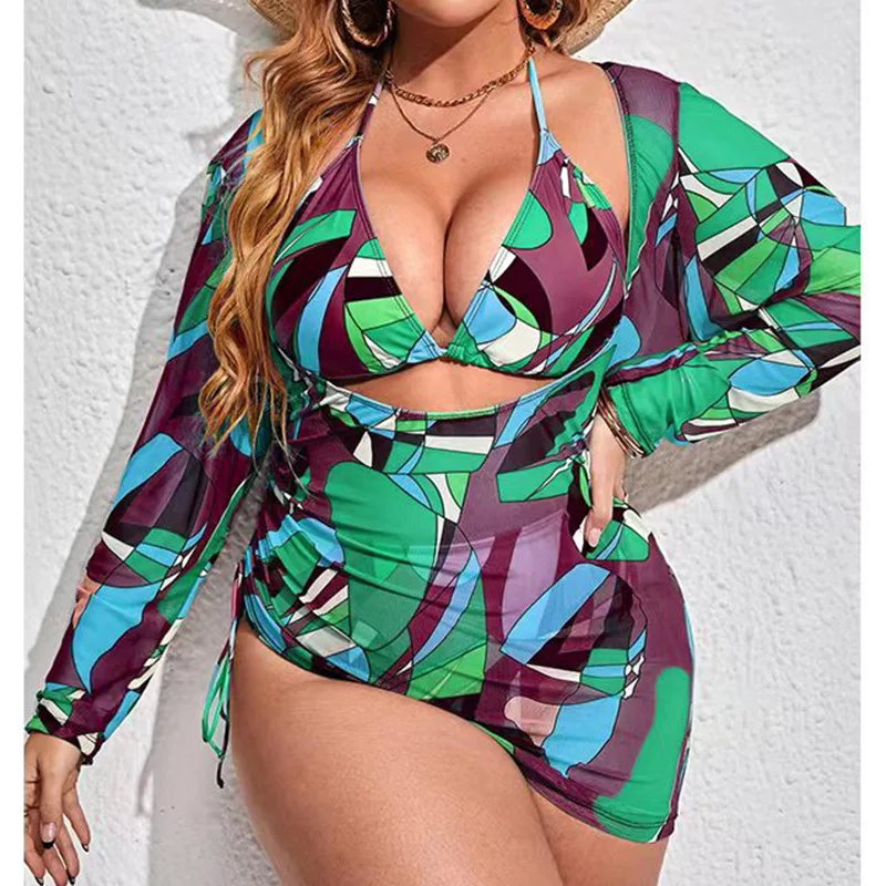 Wholesale Women Plus Size Clothing Three Piece Swimsuit Fish Scale