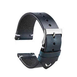 Vintage Oil Waxed Leather Watch Strap with Quick Release - 22mm (Blue)