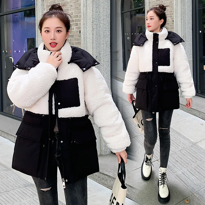 

Winter Jacket 2023 Women New Fashion Lamb Fleece Paneled Thick Cotton Parkas Korean Mid-length Waist Coat Windproof Big Pocket