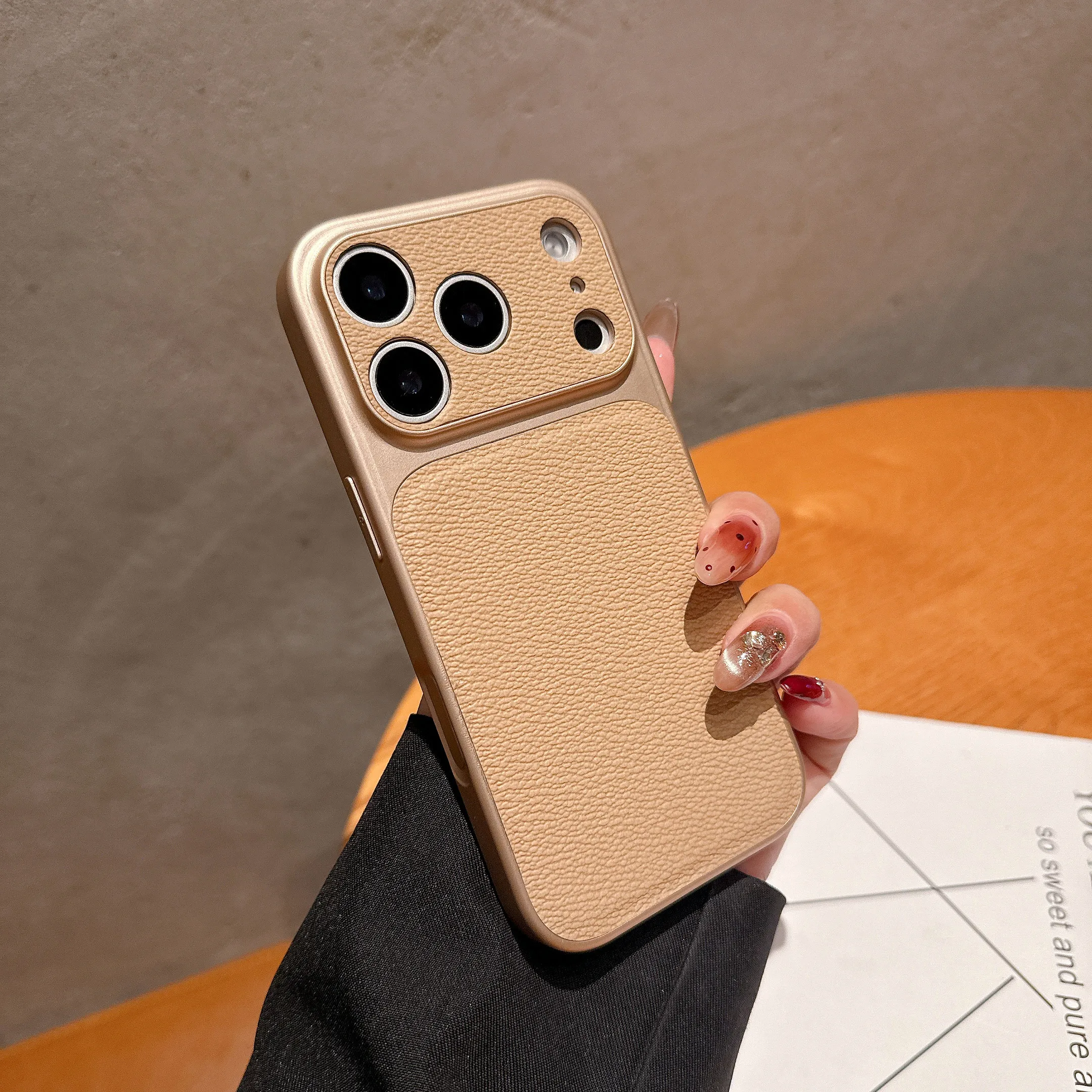 Premium Solid Leather Matte Shockproof Case with Large Camera Window Cover