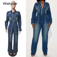 Fashion Winter Blue Patchwork Ripped Denim Jumpsuits Women Long Sleeves Stretch Flare Jeans Rompers Female One Pieces Overalls