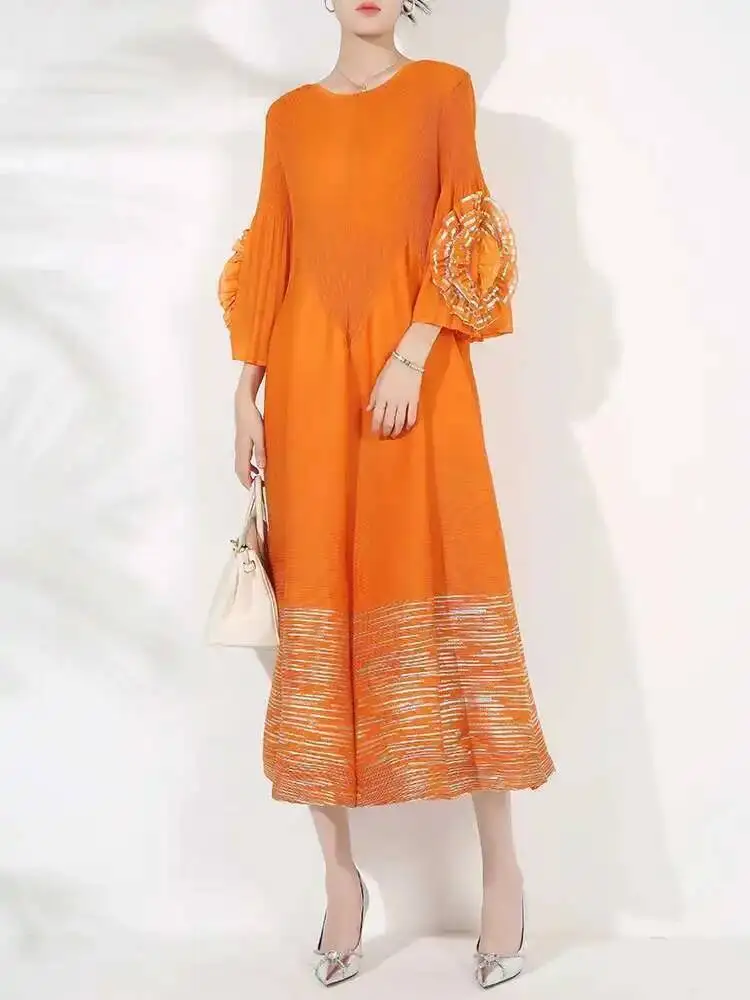 LANMREM Women's High-end Fashion Dress With Flower Ruffles Sleeves Round Neck Loose Big Size Long Dresses 2025 New 2DB1142 - Image 5