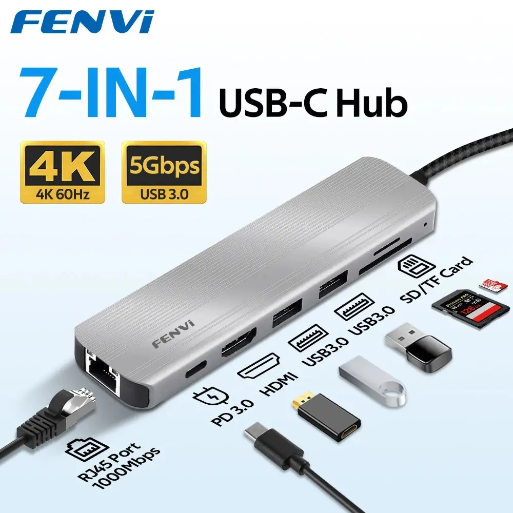 Fenvi 7 In 1 Docking Station Tipo C Hub Splitter Converter Con Hdmi 4K 60Hz Usb 3.0 Rj45 Pd 100W Ricarica Rapida Sd Tf Usb C Dock