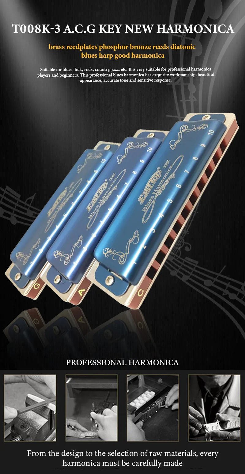 Description Picture 2 of itemEASTTOP T008K-3 New Harmonica Brass Reedplates Phosphor Bronze Reeds Diatonic Blues Harp Good Harmonica