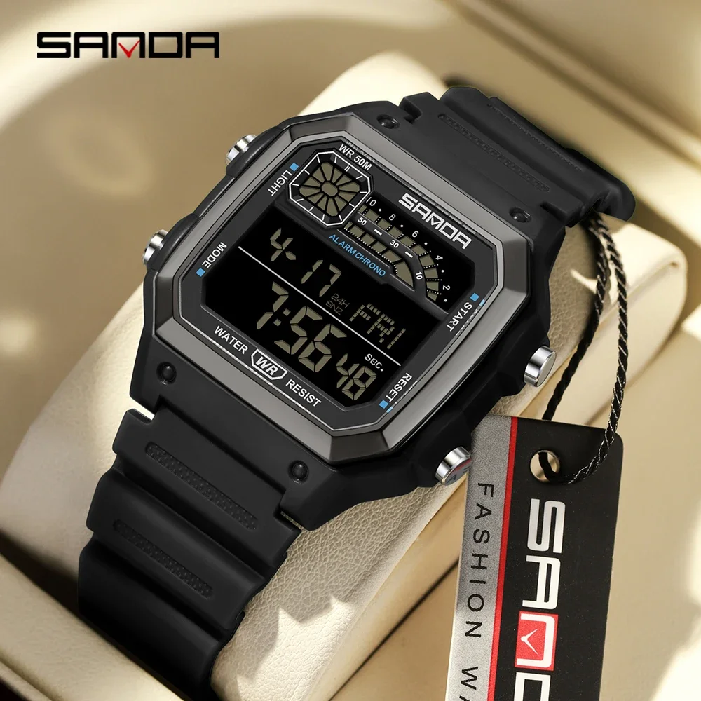 

SANDA 6196 Electronic Watch Multi functional Night Glow Waterproof Sports Men's Lightweight Square Classic Student Watch