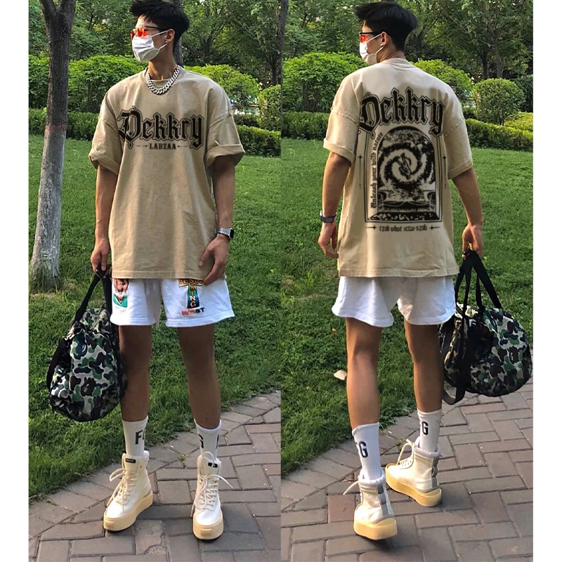 

American retro letter printing heavy cotton short sleeved T-shirt men summer street casual tops oversized t shirt harajuku y2k