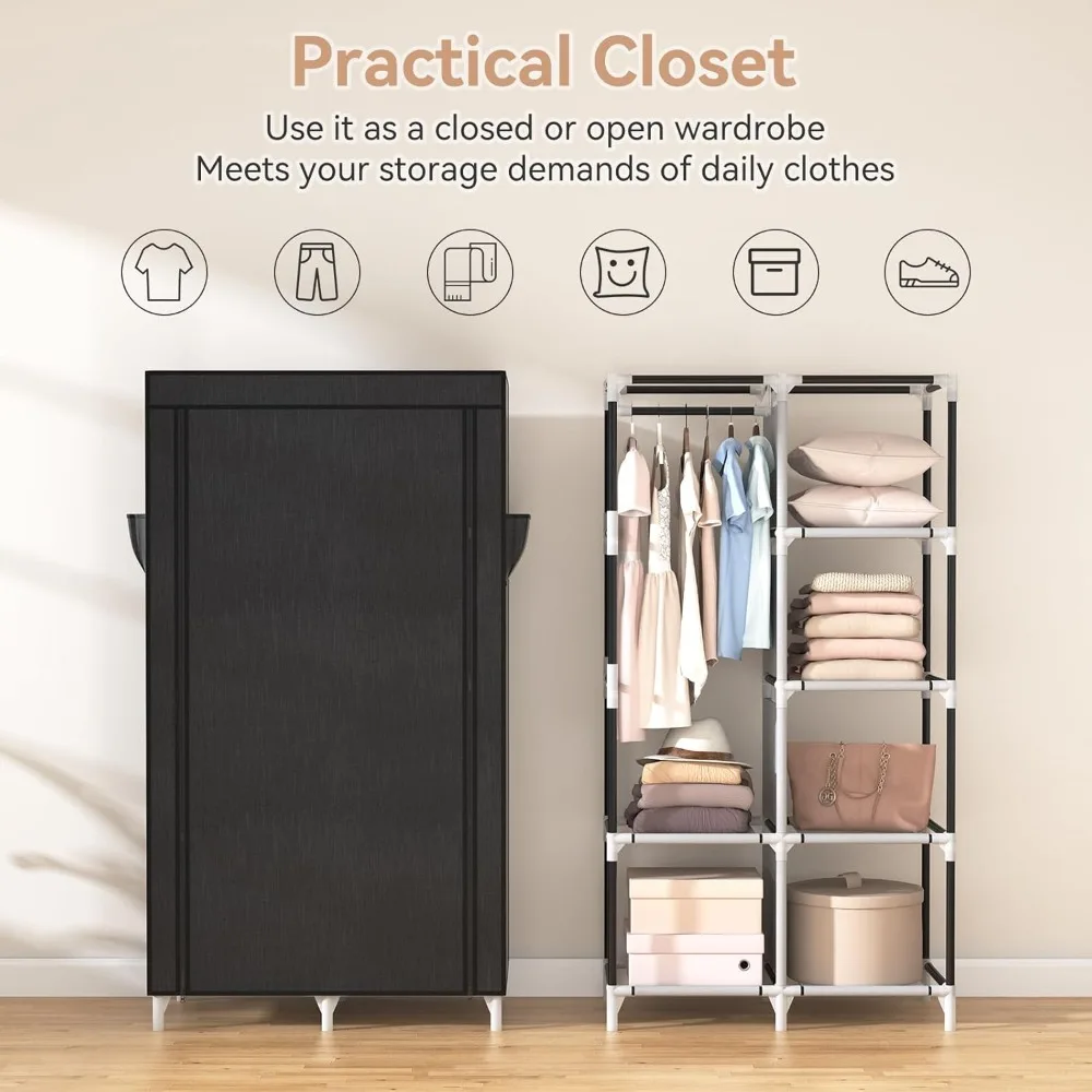 Portable Closet Wardrobe Closet for Hanging Clothes with 6 Storage Shelves, 1 Hanging Rod and 4 Pockets, Free Standing Closet C 6