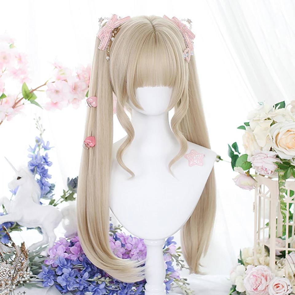 OLACARE Synthetic Long Wavy Curly Ponytail Lolita Wig with Bangs Girl Cute Ombre Blonde Cosplay Party Halloween Harajuku Wig