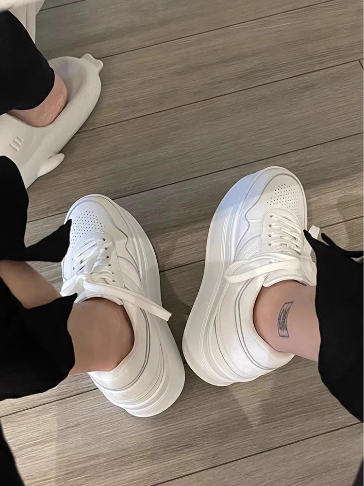 

New Women Sneakers Real Leather Platform 6cm White Casual Shoes Office Work Fashion Designer Ladies Sports Shoes