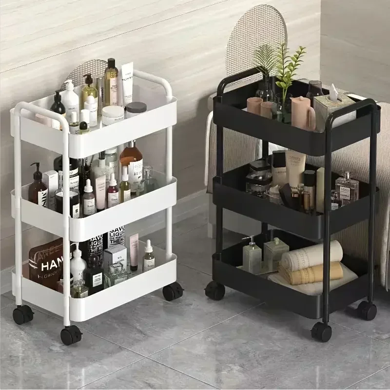 3-4-5-Layer Rolling Plastic Storage Cart with Armrests Space-Efficient Multi-Room Organizer Matte Finish rolling storage cart