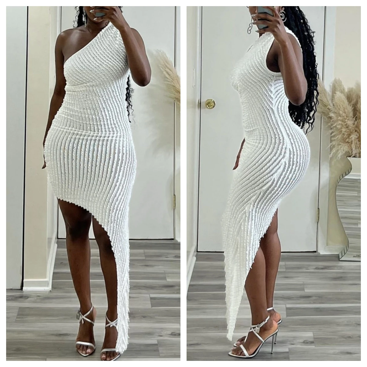 

Elegant Women Bodycon Pleated Dress Sexy One Shoulder Sleeveless Irregular Dresses Backless Hollow Out Night Club Vestidos
