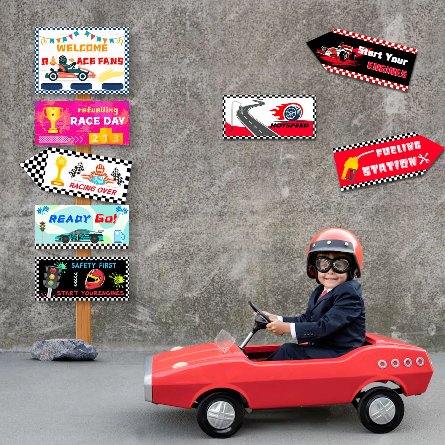 Racing Car Party Signs,10pcs Race Car Birthday Party Decorations Signs Set-Race Birthday Signs,Street Sign&Traffic Signs etc
