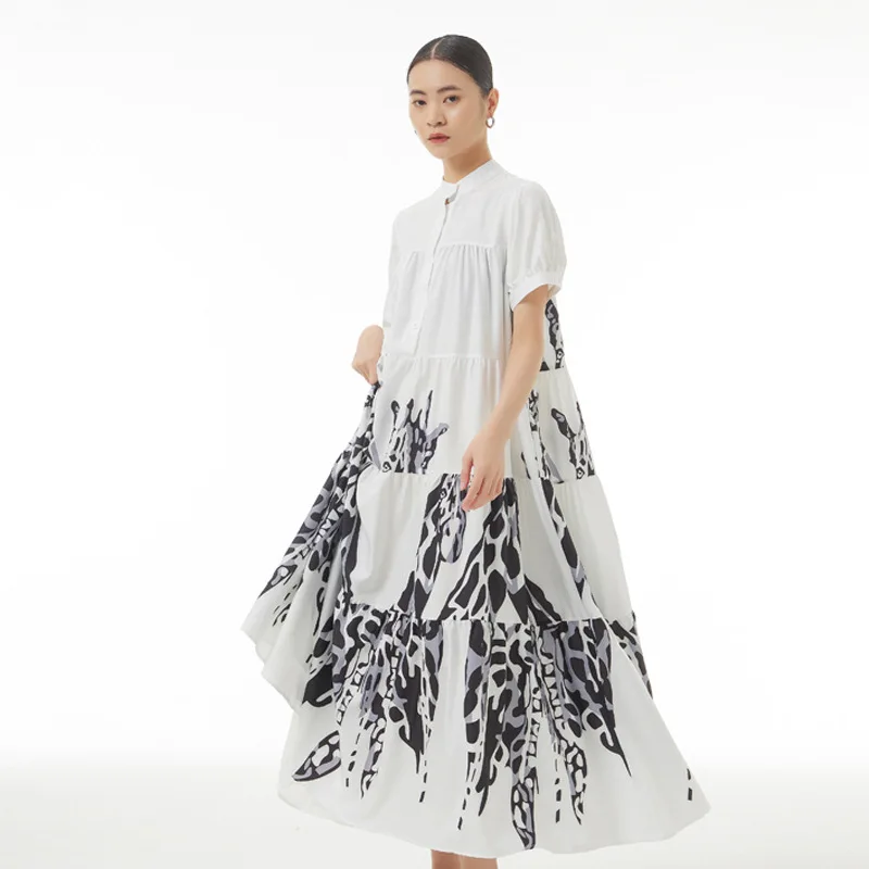 

Johnature Summer 2024 New Chinese Style Vintage Print Dress Loose O-neck Short Sleeve A-Linen Fashion Casual Women Dresses