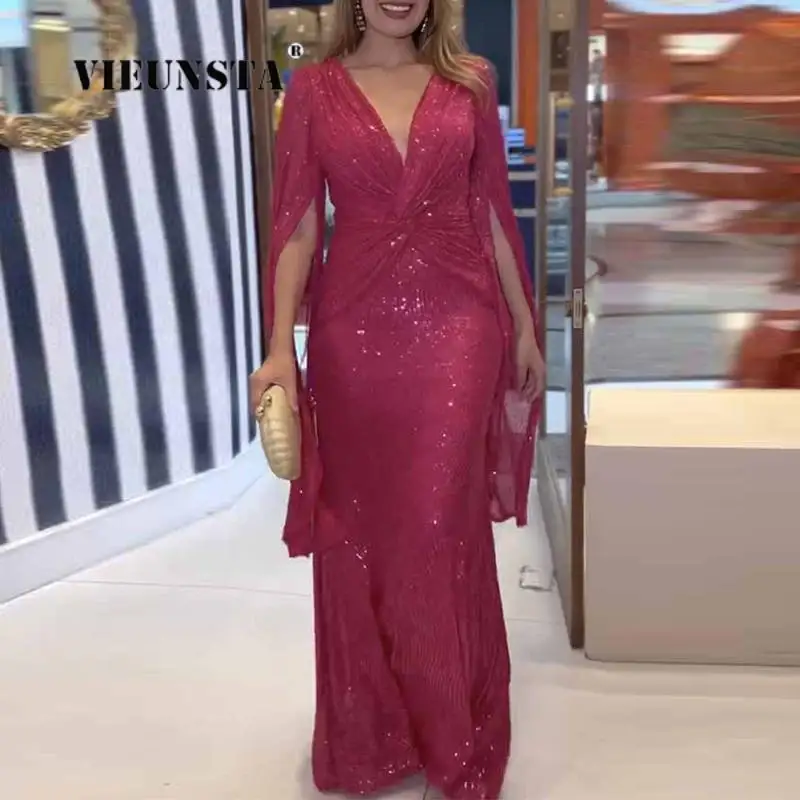 

2023 Sexy Slim Cloak Sleeve Sequins Party Dress Fall Elegant Women Banquet Maxi Dress Fashion Design Twist V-Neck Dress Vestidos