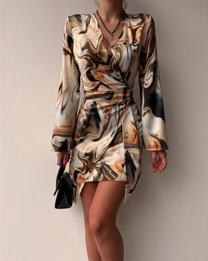 

Youthful Woman Clothes Marble Print Long Sleeve Sexy Wrap Hip Dress Nightclub 2024 Summer Women's Fashion Slim Mini Dresses