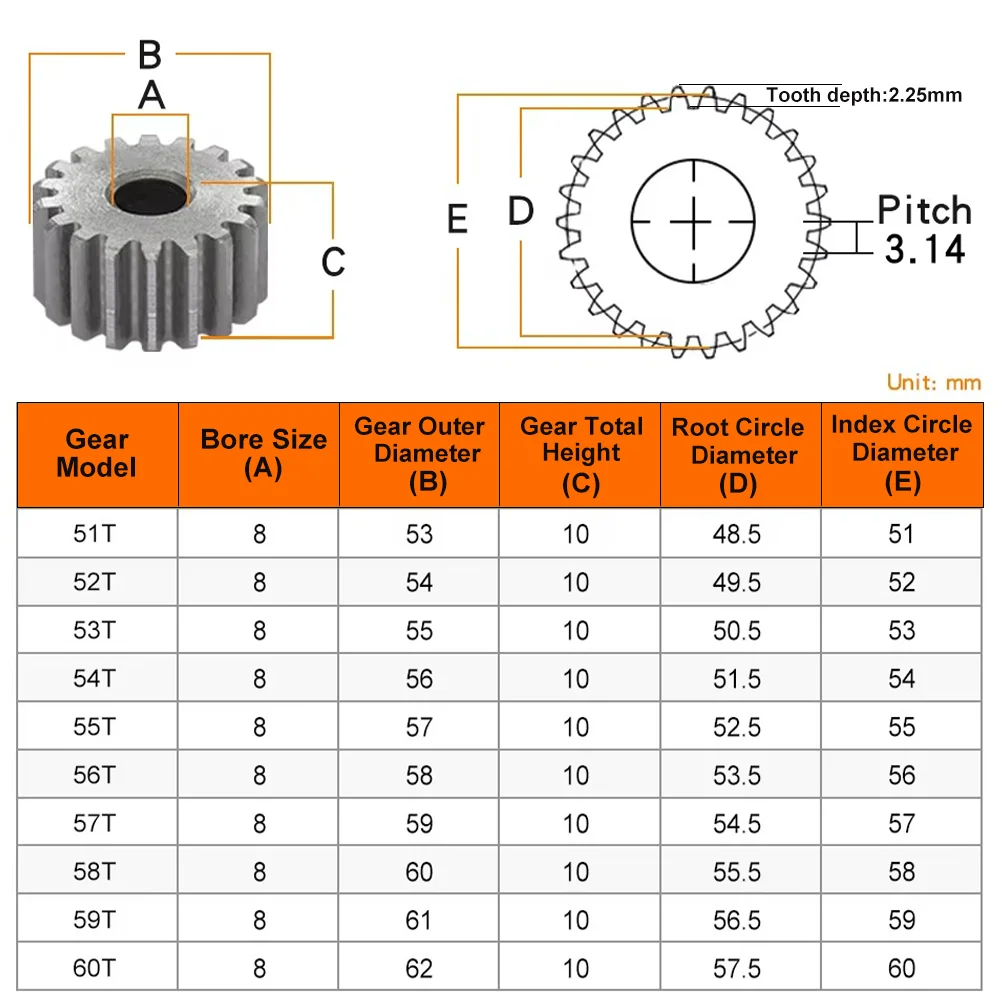 Spur Gear 1M-51T/52T/53T/54T/55T/56T/57T/58T/59T/60Teeth SC45# Carbon Steel Material Cylindrical Gear Transmission Accessories