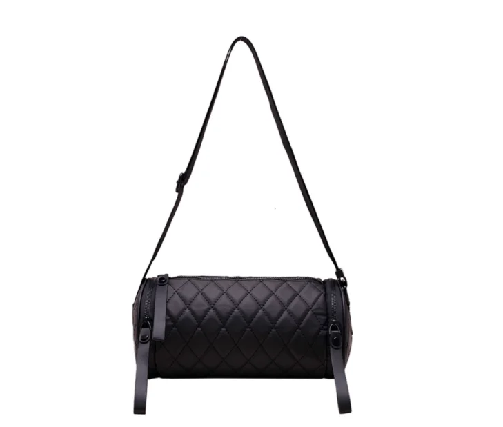 Black Quilted Cylinder Shoulder Bags Women Leather Zipper Large Capacity Crossbody Bag Ladies Wide Strap Fashion Premium Handbag