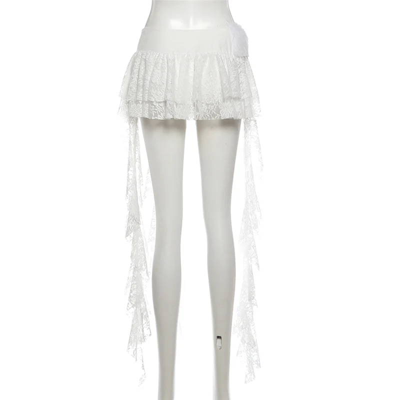SylCue Fluffy Patchwork Skirts Women 2026 Spring New Style Lace Drawstring Tassel Decoration High Waist Elegant Mini Bottoms