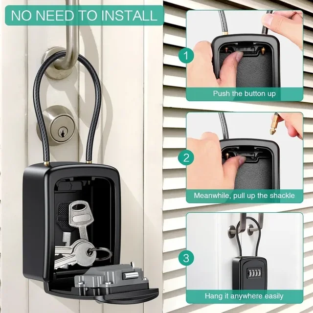 4 Digit Code Box Free Installation Outdoor Password Key Box Extended Locking Hook Steel Wire Hanging Key Storage Waterproof Key 5