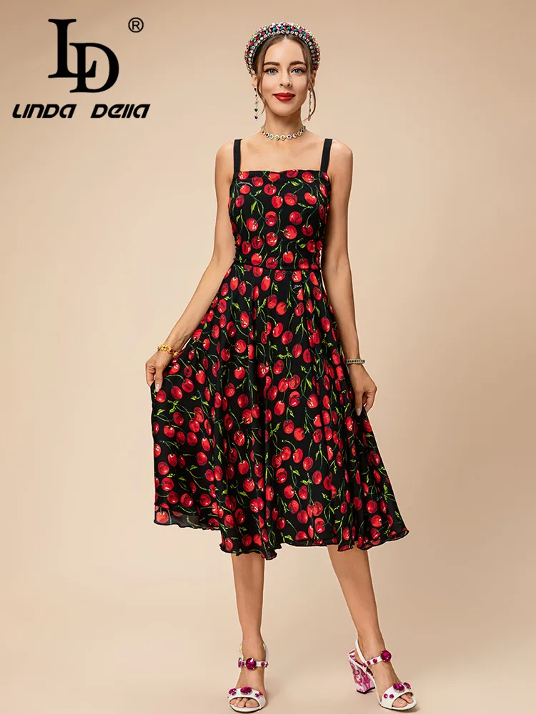 

LD LINDA DELLA 2023 New Style Runway Designer Vintage Dress Women's Real Silk Suspenders Cherry Print Splice Slim Fit Dress