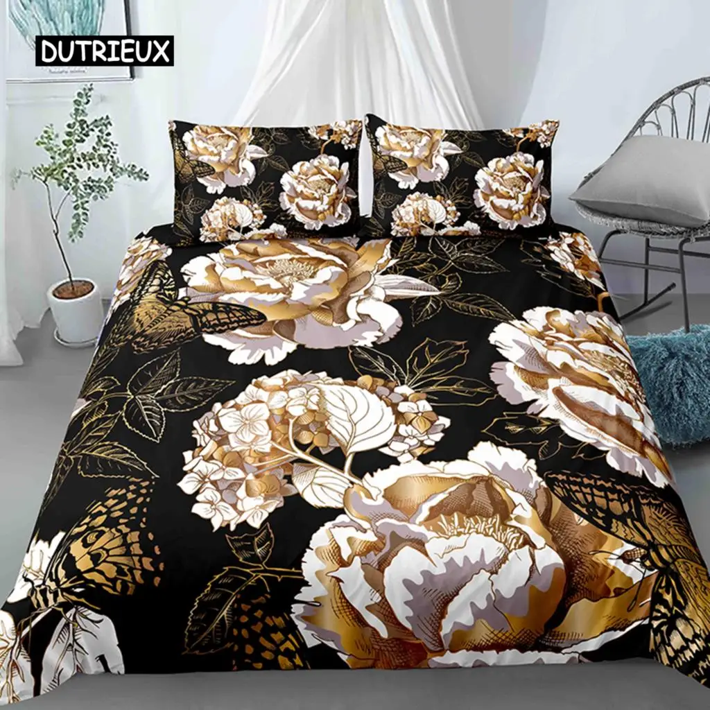 

Luxury 3D Colorful Flowers King Queen Double Duvet Cover Floral Bedding Set Women Quilt Cover Black Polyester Comforter Cover