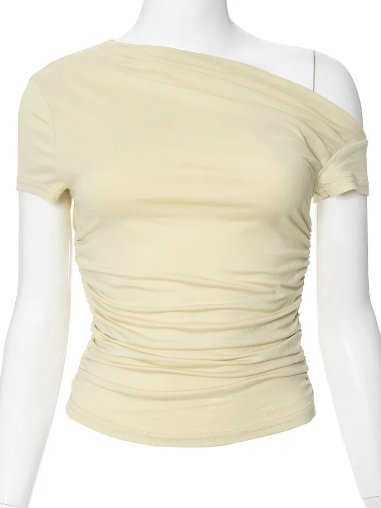 Solid Color High Elasticity Fabric Slash Shoulder Short Sleeve Pleated Navel Reveal Top for Women Casual Shrinkage Top 6