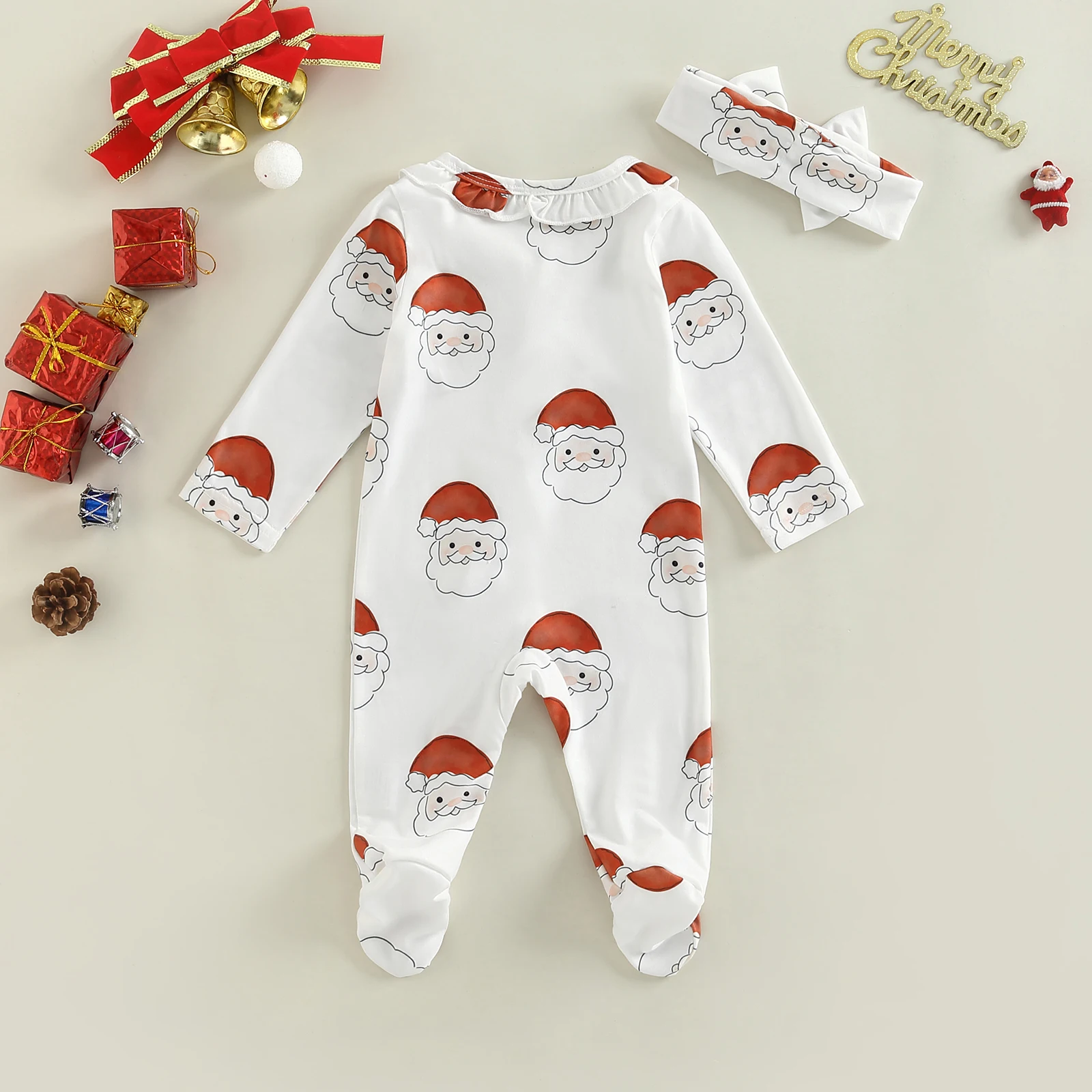 Citgeett Autumn Christmas Newborn Baby Girls Jumpsuits Outfit Printed Long Sleeves Footed Romper and Headband Set