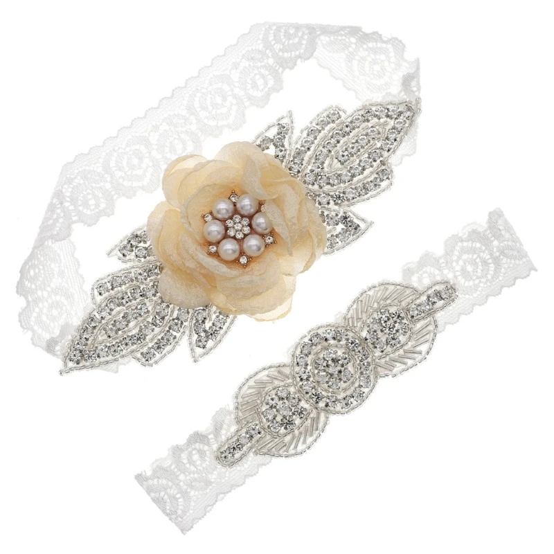 

Wedding Garters for Bride Non-Slip Lace Bridal Garter Set with Clear Rhinestones Pearls Stretch Wedding Bridal Garter 37JB