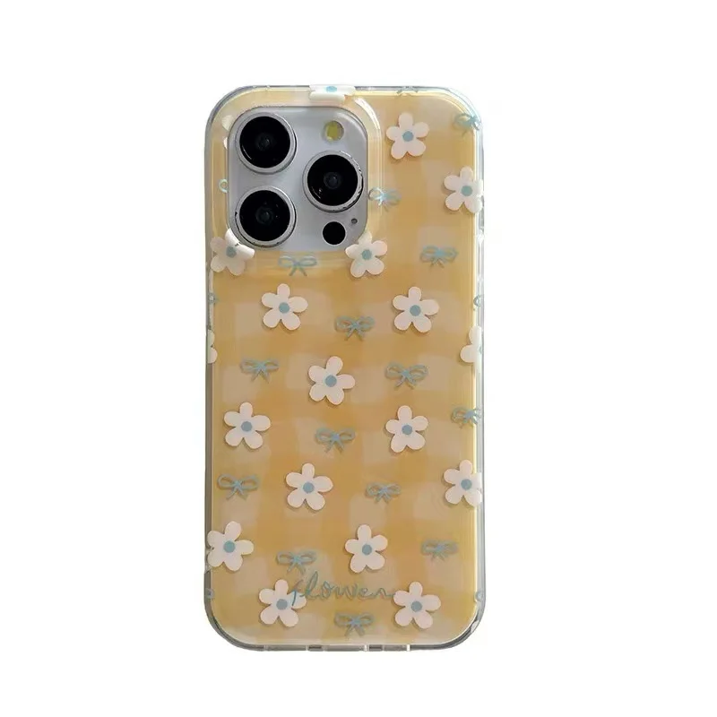 IND Double-Layer Gentle Yellow Grid Pattern Phone Case with Small White Flowers