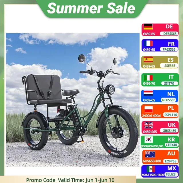 24 pouces 3 roues vélo électrique hors route 750w48v passager Tricycle électrique 2 places pour femme homme VTT 1