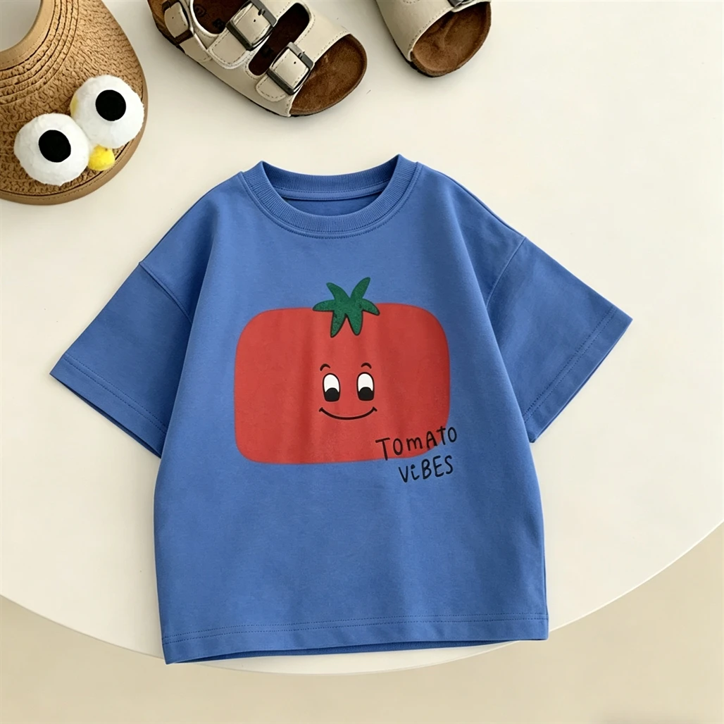 Printing Tshirt Child Boys Summer Crewneck Tops Loose Pure Cotton Tees Kids Cute Print T-shirt Baby Clothes Thin Short Sleeve