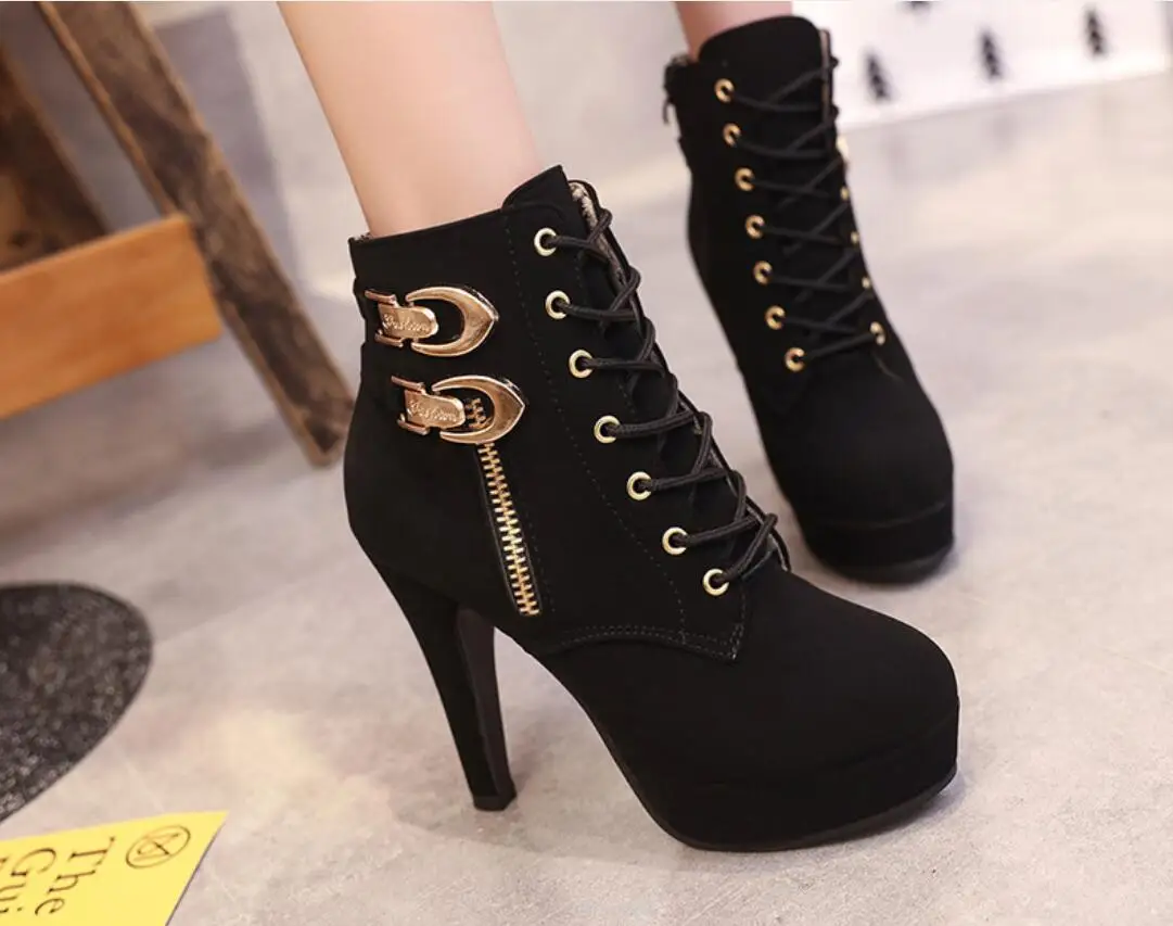 New Black Boots Women Shoes Women Fashion High Heel Lace-Up Ankle Boots Ladies Buckle Platform Artificial Leather Shoes boots