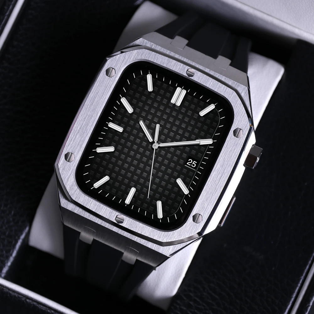 Modification Kit Metal Case+strap For Apple Watch bands Series 8 7 45mm Correa iWatch band 44mm 42mm Rubber Bracelet Wristband