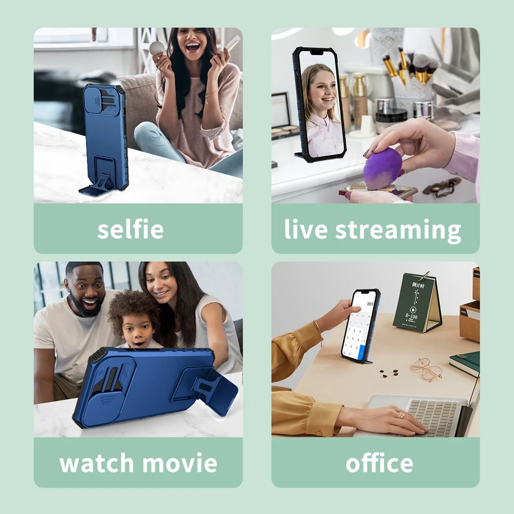 Slide Camera Protection Armor Phone Case - Durable Hard Cover with Plastic Holder