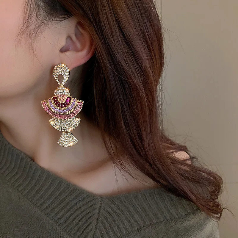 Drop Earrings Dangle Earrings Crystal Earrings Geometric Earrings Vintage Baroque Style Geometric Drop Earrings Women Pink Zircon Crystal Sector Dangle Earrings Banquet Jewelry Accessories