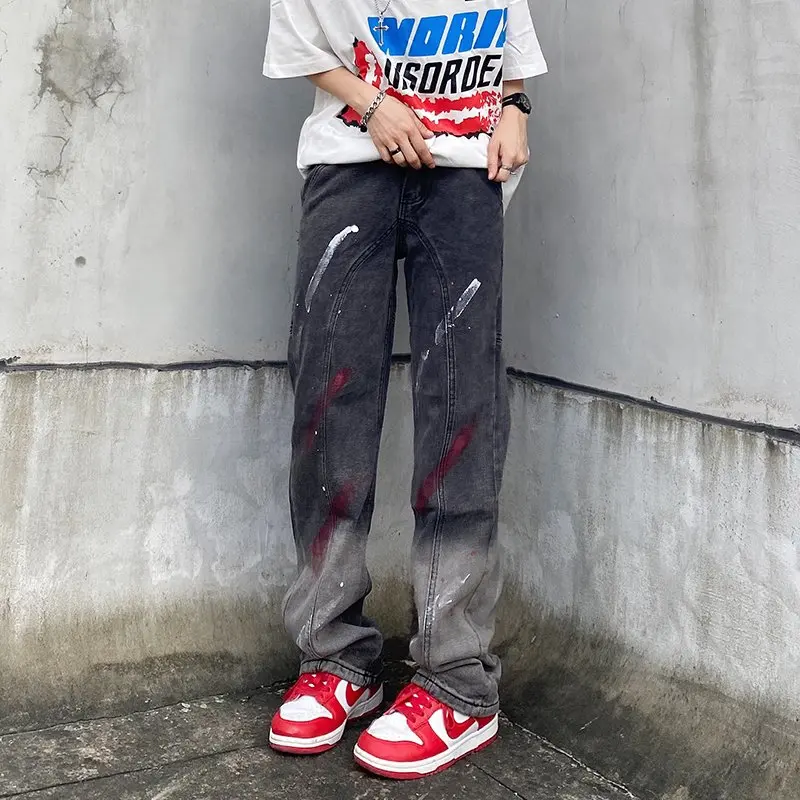 2022 Splash Ink Star Embroidery Vintage Grey Baggy Men Jeans Pants Straight Loose Hip Hop Women Denim Trousers Pantalones Hombre