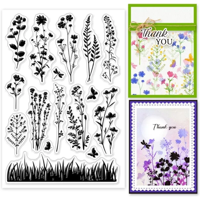 Clear Stamps 1 pc Wildflower Meadow Silhouette Vintage Flowers Plants 6.3x4.33inch