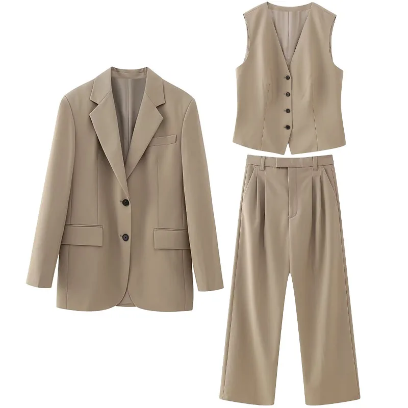 

Women 2023 Single-Breasted Loose Blazer Vintage Slim Fit Vest Straight High Waist Trousers Casual Female Sets Mujer