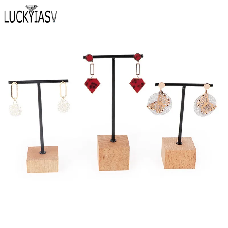 Wrtysully Espositore per Orecchini con Barra a T da 3 Pezzi con Supporto per Gioielli con Base in Legno Organizzatore di Gioielli da Appendere per Oggetti di Scena Fotografici B