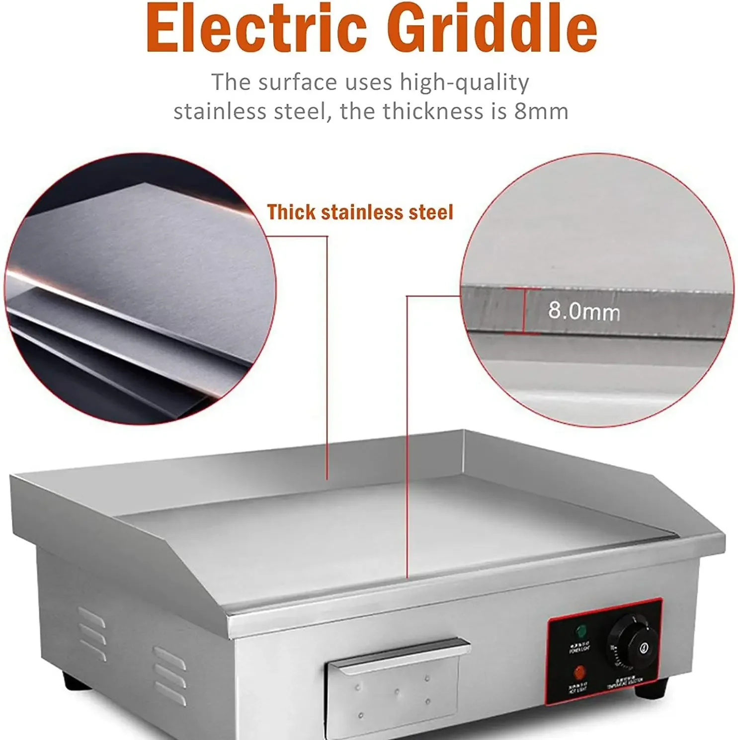 Electric Countertop Griddle Stainless Steel BBQ Flat Top Grill Hot Plate, Adjustable Thermostatic Control 122°F-572°F, Stainless 6
