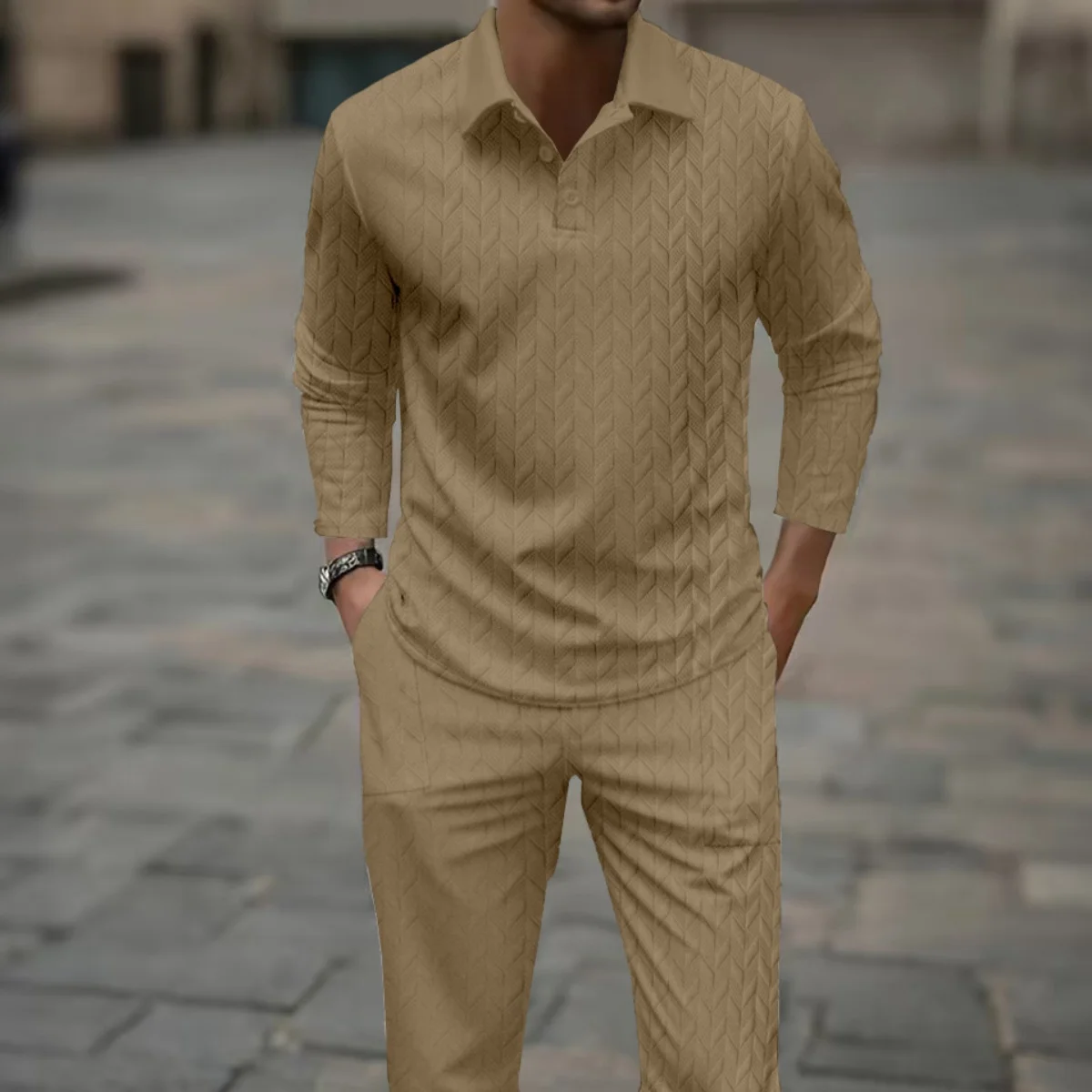 قميص بولو عصري للرجال دافئ في الربيع والخريف لون نقي نمط أذن القمح طقم سراويل طويلة رياضية غير رسمية بأكمام طويلة