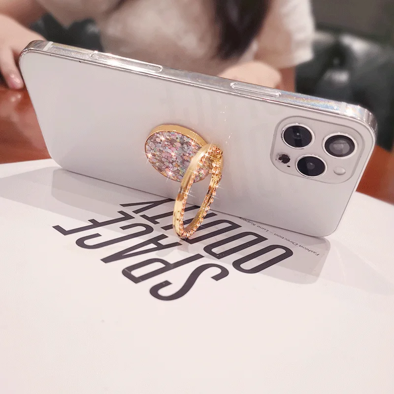 Bling Glitter Sequin Finger Ring Holder for For IPhone X 8 7 11 12 Pro Redmi Samsung Round Phone Table Holder Rotation Stand