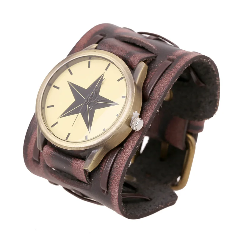 

2023 Men Women Watch Punk Genuine Leather Vintage Wide Wrap Bracelet Band Strap Watches Sport Military Quartz Clock Wristwatch