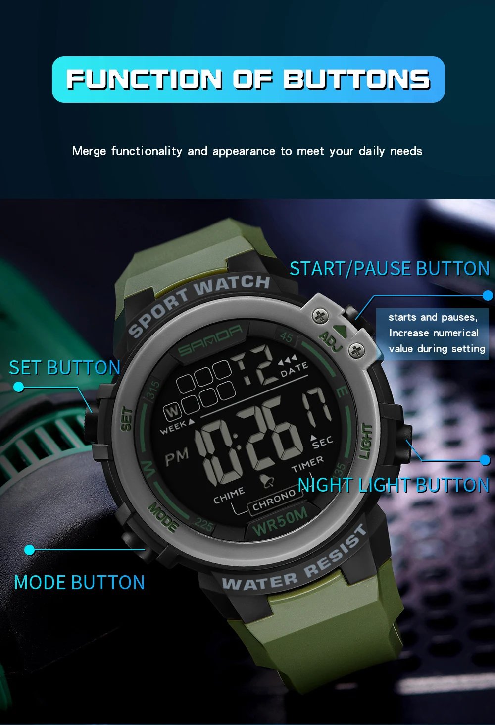 SANDA 2140 Fashion Student Electronic Watch Multi functional Waterproof LED Single Display Men's Electronic Watch 2025 4
